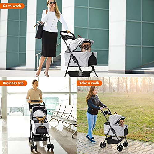 SKISOPGO Dog Cat Pet Gear 3-in-1 Foldable Pet Stroller Detachable Carrier, Car Seat and Stroller with Push Button Entry for Small Pets (Gray)