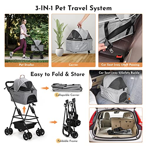 SKISOPGO Dog Cat Pet Gear 3-in-1 Foldable Pet Stroller Detachable Carrier, Car Seat and Stroller with Push Button Entry for Small Pets (Gray)