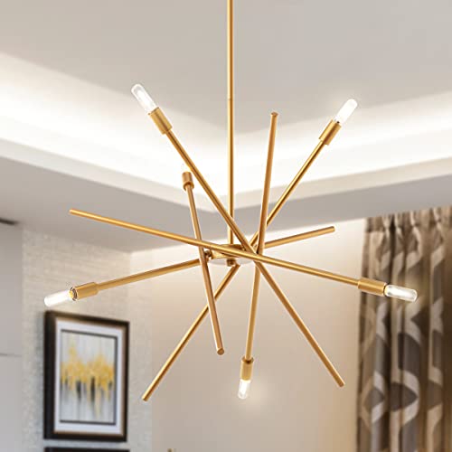 VILUXY Contemporary Chandelier Lighting Fixture 6-Light Antique Brass Brush Paint Finish Mid-Century Pendant Lighting for Dining Room Bedroom Kitchen Living Room