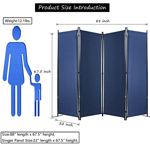 4 Panel Partition Room Dividers Folding Privacy Screen Temporary Wall Divider Freestanding Room Separator (Blue)