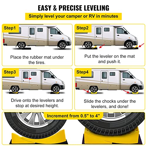 VEVOR Camper Leveler, 2 Pack RV Leveling Blocks, HDPE Material, Include 2 Curved Levelers, 2 Chocks, 2 Rubber Grip Mats, Hold up to 35000 lbs, Fast and Precise Leveling for Camper RV Trailer