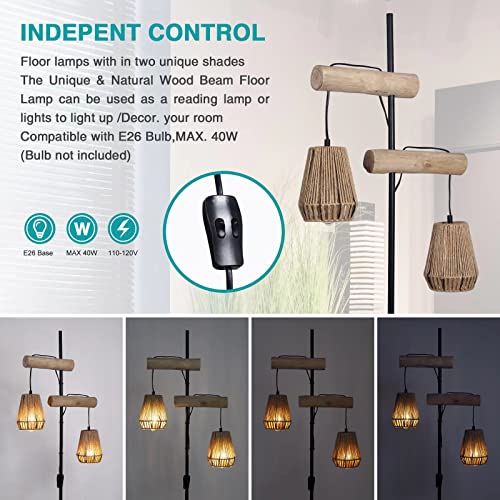 Boho Floor Lamp 2-Lights Floor Lamp with Rattan Lampshades,Farmhouse Floor Lamps indenpendant Control Switch,Rustic Tall Standing lamp 68 Inch,Unique Floor Lamps for Living Room Bedroom Office