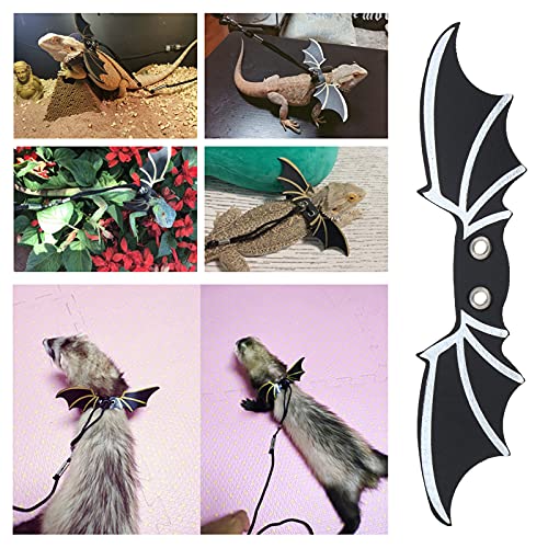 2 Set Ajustable Leather Bearded Dragon Lizard Leash Harness Cooling Wing Black Gold for Outdoor Safety Walking