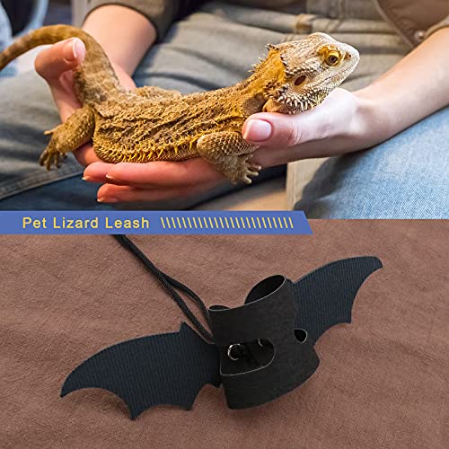 2 Set Ajustable Leather Bearded Dragon Lizard Leash Harness Cooling Wing Black Gold for Outdoor Safety Walking