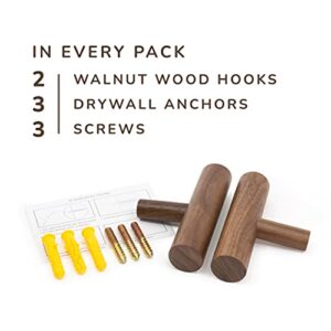 NAUMOO Natural Wood Wall Hooks - Pack of 2 - Handmade Modern Wall Mounted Hook for Hanging Coat - Decorative Wood Pegs for Entryway or Bedroom (Black Walnut)