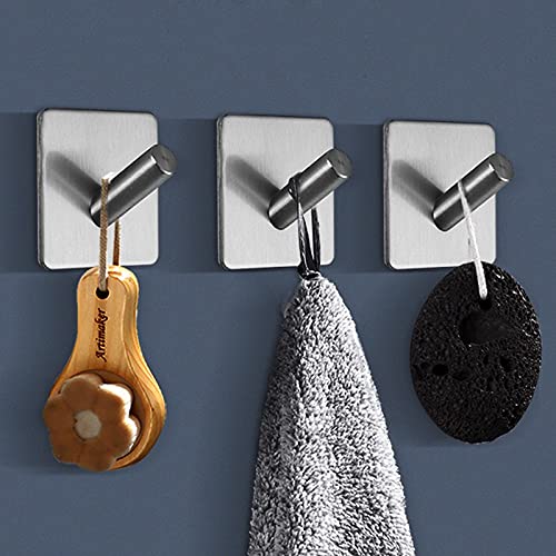 KAKOM Adhesive Bathroom Hooks, Heavy Duty 304 Stainless Steel Wall Door Hooks, Waterproof and Oilproof Kitchen Hooks (2Pack 15lb-Self-Adhesive)