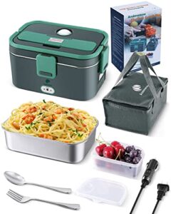 70w faster electric heated lunch box[2023 upgrade], car truck food warmer, 1.8l larger capacity 304 stainless steel container for car and home/office, with carry bag and fork & spoon (grey+green)