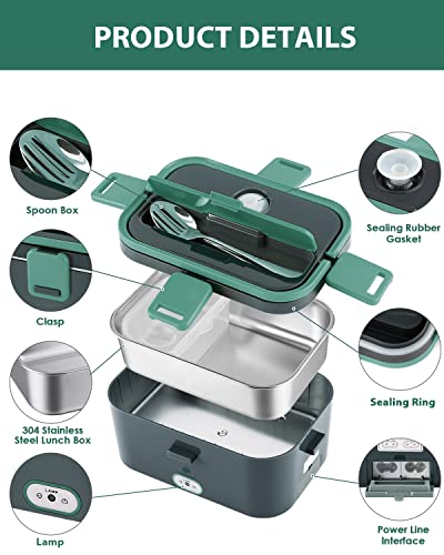 70W Faster Electric Heated Lunch Box[2023 Upgrade], Car Truck Food Warmer, 1.8L Larger Capacity 304 Stainless Steel Container for Car and Home/Office, with Carry Bag and Fork & Spoon (Grey+Green)