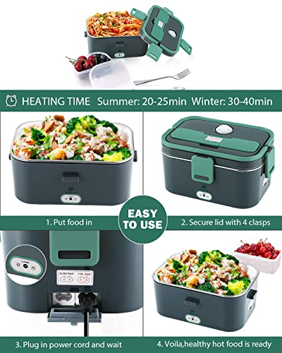 70W Faster Electric Heated Lunch Box[2023 Upgrade], Car Truck Food Warmer, 1.8L Larger Capacity 304 Stainless Steel Container for Car and Home/Office, with Carry Bag and Fork & Spoon (Grey+Green)