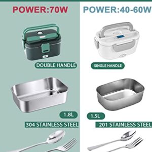 70W Faster Electric Heated Lunch Box[2023 Upgrade], Car Truck Food Warmer, 1.8L Larger Capacity 304 Stainless Steel Container for Car and Home/Office, with Carry Bag and Fork & Spoon (Grey+Green)