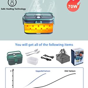 70W Faster Electric Heated Lunch Box[2023 Upgrade], Car Truck Food Warmer, 1.8L Larger Capacity 304 Stainless Steel Container for Car and Home/Office, with Carry Bag and Fork & Spoon (Grey+Green)
