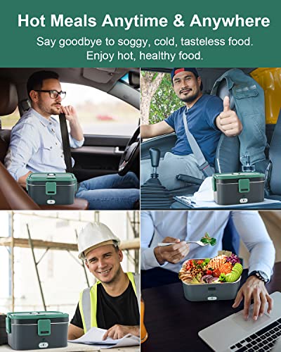 70W Faster Electric Heated Lunch Box[2023 Upgrade], Car Truck Food Warmer, 1.8L Larger Capacity 304 Stainless Steel Container for Car and Home/Office, with Carry Bag and Fork & Spoon (Grey+Green)