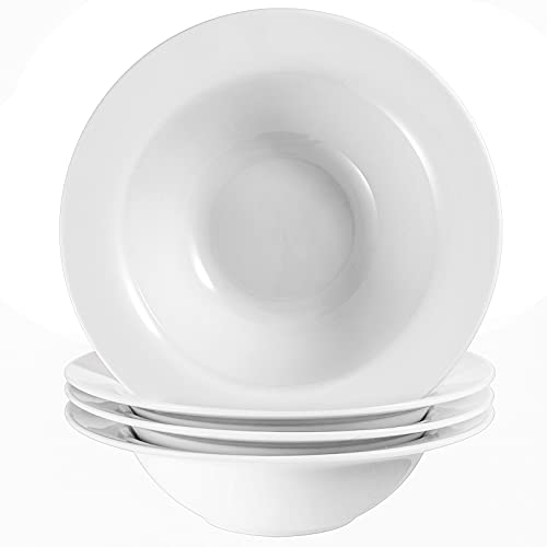 Wareland Rimmed Pasta Bowls Set of 4, 22 OZ Wide Rim Pasta Plates, Large Salad Serving Bowls for Restaurant, White Porcelain Deep Spaghetti Plates, Microwave Dishwasher Oven Safe