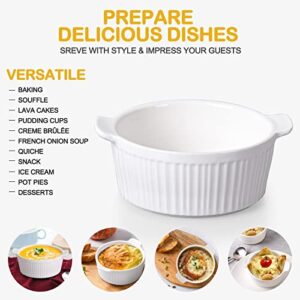 Delling Ramekins with Handle, 6 PACK Soup Bowls for French Onion Soup, Pot Pie, Lava Cakes, Creme Brulee, 12 Oz Porcelain Souffle Dish for Baking, White