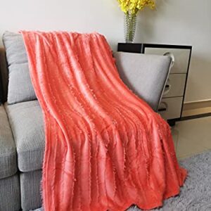 Cazlon Eyelash Textured Boho Style Decorative Throw Blanket,100% Oeko-Tex Certified Flannel Blanket, Lightweight Cozy Throw for Bed Sofa Couch (50"x60", Coral Orange)