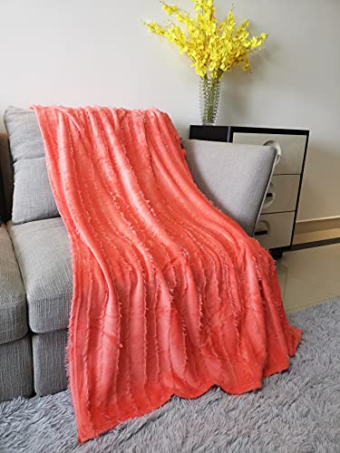 Cazlon Eyelash Textured Boho Style Decorative Throw Blanket,100% Oeko-Tex Certified Flannel Blanket, Lightweight Cozy Throw for Bed Sofa Couch (50"x60", Coral Orange)