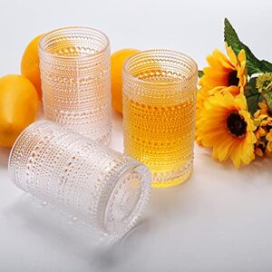 ZOOFOX Set of 6 Vintage Drinking Glasses, 12 oz Clear Hobnail Glasses Tumbler, Embossed Design Glassware for Beverages, Water, Juice, Beer, Cocktail, Whiskey and Milk