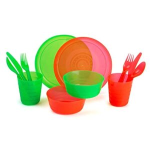 Dinnerware set for 4 | Kids dishes set include plastic cups, plates, bowls, Flatware set | Rainbow colours for kids party indoor and camping | Reusable and Microwave safe