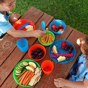 Dinnerware set for 4 | Kids dishes set include plastic cups, plates, bowls, Flatware set | Rainbow colours for kids party indoor and camping | Reusable and Microwave safe