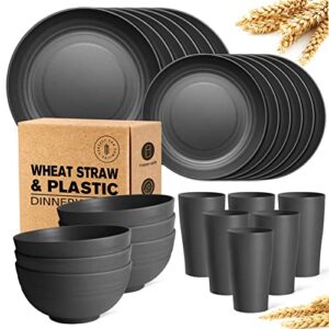 teivio 24-piece kitchen plastic wheat straw dinnerware set, service for 6, dinner plates, dessert plate, cereal bowls, cups, unbreakable plastic outdoor camping dishes, black