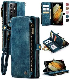 defencase samsung galaxy s21 ultra case, galaxy s21 ultra wallet case for women men, durable pu leather magnetic flip lanyard strap zipper card holder phone case for samsung s21 ultra - blue green