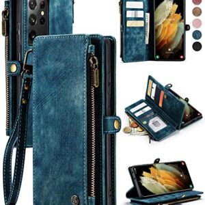 Defencase Samsung Galaxy S21 Ultra Case, Galaxy S21 Ultra Wallet Case for Women Men, Durable PU Leather Magnetic Flip Lanyard Strap Zipper Card Holder Phone Case for Samsung S21 Ultra - Blue Green