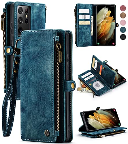 Defencase Samsung Galaxy S21 Ultra Case, Galaxy S21 Ultra Wallet Case for Women Men, Durable PU Leather Magnetic Flip Lanyard Strap Zipper Card Holder Phone Case for Samsung S21 Ultra - Blue Green