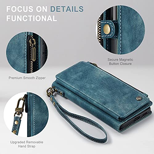 Defencase Samsung Galaxy S21 Ultra Case, Galaxy S21 Ultra Wallet Case for Women Men, Durable PU Leather Magnetic Flip Lanyard Strap Zipper Card Holder Phone Case for Samsung S21 Ultra - Blue Green