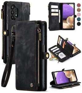 defencase samsung galaxy a32 5g case, samsung a32 5g wallet case, premium durable pu leather [magnetic flip] [zipper pocket] [lanyard strap wristlet] [card holder] phone case for galaxy a32 5g, black