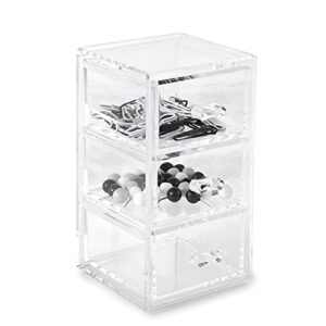 huang acrylic clear stackable upright 3-drawer organizer, makeup jewelry accessories cosmetic countertop storage display 3.5 x 3.25 x 5.75 inches