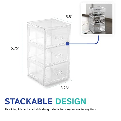 Huang Acrylic Clear Stackable Upright 3-Drawer Organizer, Makeup Jewelry Accessories Cosmetic Countertop Storage Display 3.5 x 3.25 x 5.75 inches