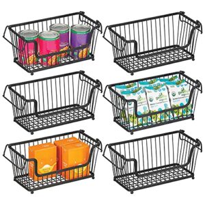 mdesign stackable metal basket for kitchen storage - wire farmhouse bin basket w/handles for pantry - stacking wire basket organizer for food, drinks, snacks - hyde collection, 6 pack, black