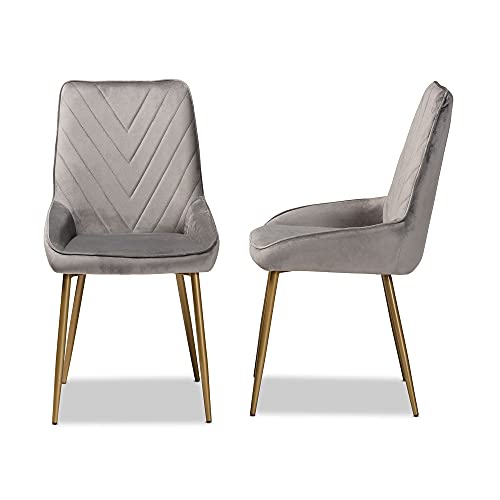 Baxton Studio Priscilla Contemporary Glam and Luxe Grey Velvet Fabric Upholstered and Gold Finished Metal 2-Piece Dining Chair Set