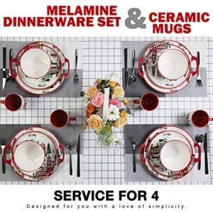 Zog Melamine Dinnerware Set for 4-16 Pcs Camping Dishes Set with Melamine Dinner Plates,Melamine Salad Plates,Melamine Bowls and Ceramic Cups.Lightweight and Unbreakable (Flower3)