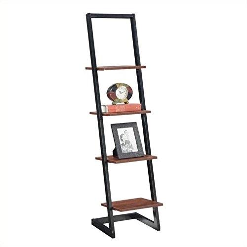 Pemberly Row Four-Tier Ladder Bookshelf in Black Metal and Cherry Wood Finish