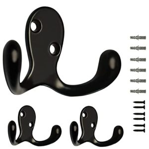 3 pack black double prong coats towel hooks for bathrooms wall mounted shower rustproof, 1.37 oz retro wall hooks heavy duty hanging towels coat hat loofah robe key scarf bag cap kitchen accessories