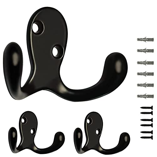 3 Pack Black Double Prong Coats Towel Hooks for Bathrooms Wall Mounted Shower Rustproof, 1.37 Oz Retro Wall Hooks Heavy Duty Hanging Towels Coat Hat Loofah Robe Key Scarf Bag Cap Kitchen Accessories