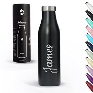 personalized insulated water bottle, 21 oz. robson custom engraved stainless steel, double-wall vacuum, bpa-free plastic-free reusable thermos hot cold, gift ready (onyx)