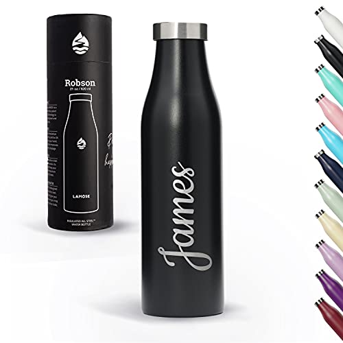 Personalized Insulated Water Bottle, 21 oz. Robson Custom Engraved Stainless Steel, Double-wall Vacuum, BPA-Free Plastic-free Reusable Thermos Hot Cold, Gift Ready (Onyx)