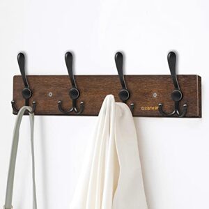 dzanken coat rack wall mount, 4 metal hooks, wooden heavy duty wall entryway hanging coat rack for clothes hat towel scarf bag towel key (brown)