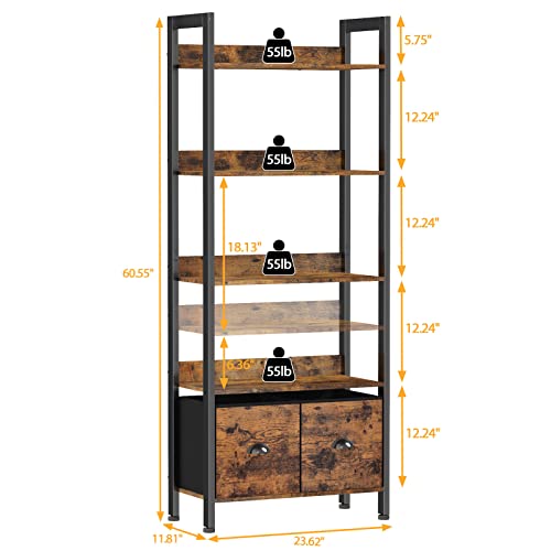 Furologee 5-Tier Bookshelf, Tall Bookcase with 2 Storage Drawers, Industrial Display Standing Shelf Units, Wood and Metal Storage Shelf for Living Room, Bedroom, Home Office, Rustic Brown