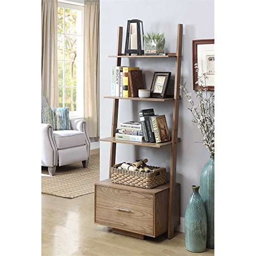 Pemberly Row Ladder Bookcase with Drawer in Caramel Driftwood Wood Finish