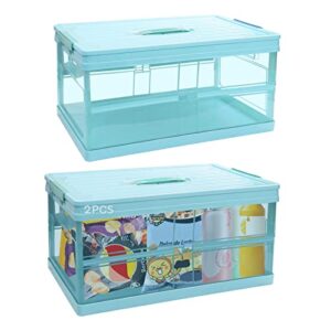 2pcs foldable plastic storage box with lid, dsvenroly upgrade multifunction transparent collapsible storage bins, stackable clear latch storage box with handle, folding plastic containers (light blue)