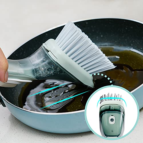 CQT Soap Dispensing Dish Brush, Dish Scrubber with Handle, Kitchen Washing Brush for Pot Pan Sink Cleaning, Packed with 1 Replaced Scouring Pad Head (Mint Green)