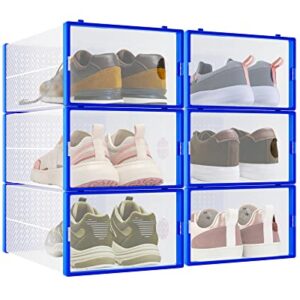 HPST 6-Pack Shoe Storage Boxes - Shoes Organizer for Closet - Clear Plastic Stackable Shoe Containers - Clear Shoe Boxes Stackable and Foldable For Sneaker Storage, Books, Toys, Tools Blue