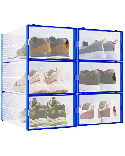 HPST 6-Pack Shoe Storage Boxes - Shoes Organizer for Closet - Clear Plastic Stackable Shoe Containers - Clear Shoe Boxes Stackable and Foldable For Sneaker Storage, Books, Toys, Tools Blue