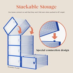 HPST 6-Pack Shoe Storage Boxes - Shoes Organizer for Closet - Clear Plastic Stackable Shoe Containers - Clear Shoe Boxes Stackable and Foldable For Sneaker Storage, Books, Toys, Tools Blue