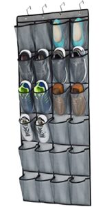 over the door hanging shoe organizer 24 extra large mesh pockets hanging shoe rack holders for closet storage men sneakers,high heeled shoes,double stitching with 4 metal hooks,gray 65.4"x23.6"