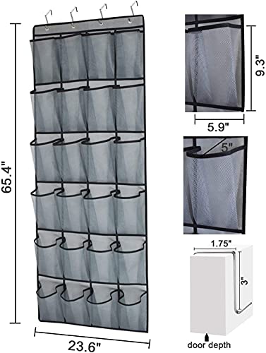 Over The Door Hanging Shoe Organizer 24 Extra Large Mesh Pockets Hanging Shoe Rack Holders for Closet Storage Men Sneakers,High Heeled Shoes,Double Stitching with 4 Metal Hooks,Gray 65.4"X23.6"
