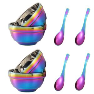 jyjfgsfa 14oz rainbow bowl set with 4x soup bowls and 4x soup spoons, 304 stainless steel double-walled cereal bowls for breakfast, drop resistance children bowls